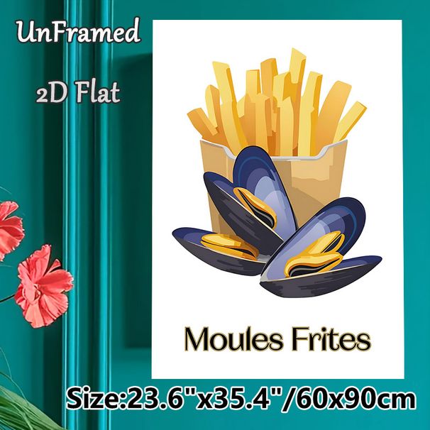 Moules Frites Painting Poster, Vibrant Cartoon-style Mussels & Crispy Fries Poster, Eye-catching Food Artwork Ideal For Kitchen, Dining Room And_maomaolike.com