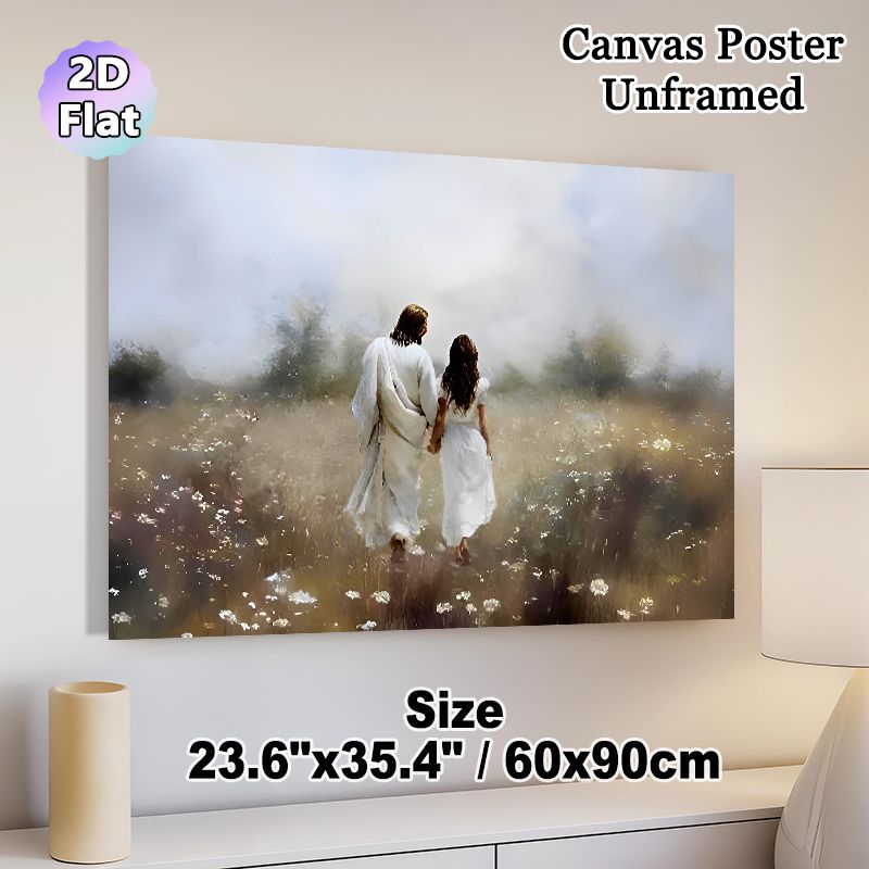 Jesus Companion Religious Painting Poster, Soft Misty Serene Meadow Walking Scene Poster, Peaceful Spiritual Decor Ideal For Home, Prayer Room_maomaolike.com