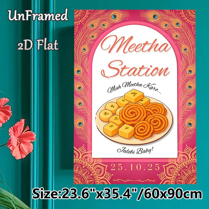 Indian Sweets Meetha Station Painting Poster, Vibrant Traditional Indian Style Poster, Adorned With Peacock Feathers & Assorted Indian Sweets, Adds_maomaolike.com