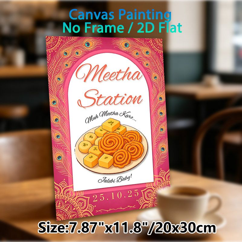 Indian Sweets Meetha Station Painting Poster, Vibrant Traditional Indian Style Poster, Adorned With Peacock Feathers & Assorted Indian Sweets, Adds_maomaolike.com