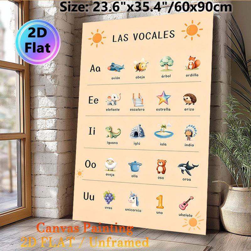 Spanish Vowels Learning Painting Poster, Adorable Cartoon Graphic Poster, Aids In Mastering Basic Spanish Vowels, Ideal For Language Study Spaces_maomaolike.com