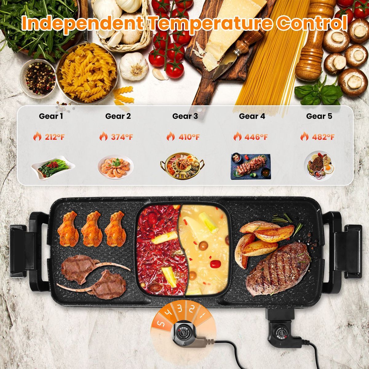 2 In 1 Electric Hot Pot With Grill 2800W Smokeless Non-Stick Korean BBQ Grill Shabu Shabu Hot Pot Combo With Independent Temperature Control 5 Gears Firepower For 3-10 People_maomaolike.com