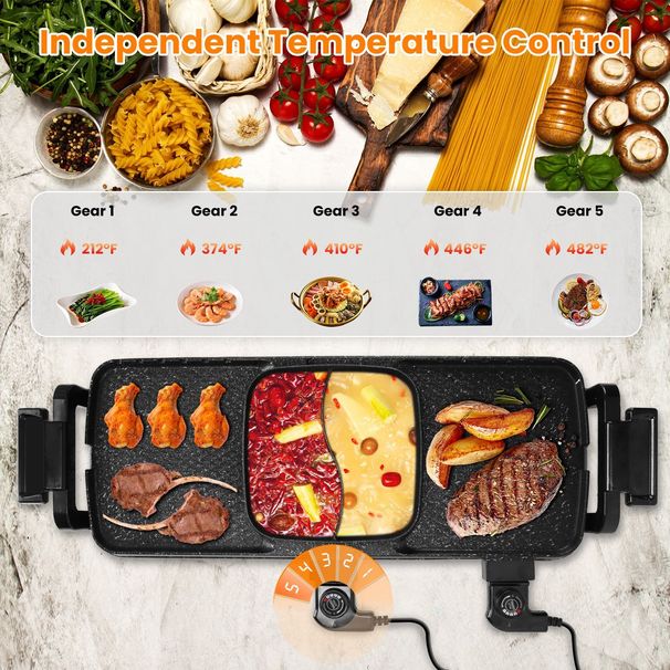 2 In 1 Electric Hot Pot With Grill 2800W Smokeless Non-Stick Korean BBQ Grill Shabu Shabu Hot Pot Combo With Independent Temperature Control 5 Gears Firepower For 3-10 People_maomaolike.com
