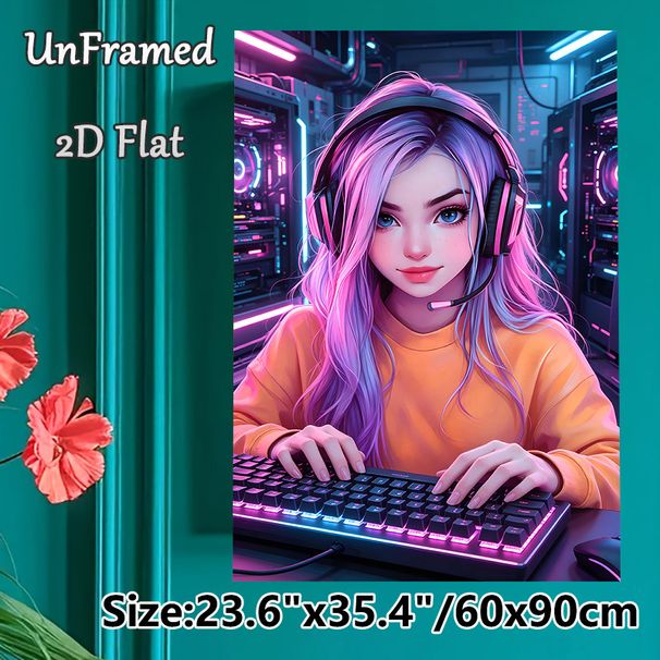 Anime Gamer Girl Painting Poster, Vibrant Neon-lit Anime Style Poster, Eye-catching Gaming-themed Decor Suitable For Gaming Room, Bedroom_maomaolike.com