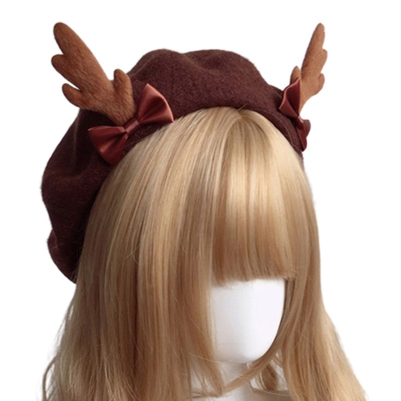 Hot Sale Christmas Antler Wool Painter Sweet Breathable Hat for Girl Lady Female_maomaolike.com