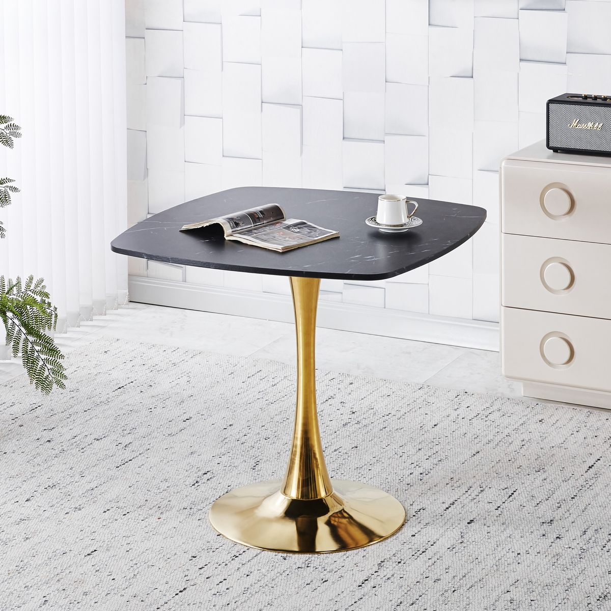 Square Dining Table 31.5 Inch, Mid-Century Modern Kitchen Table For 2-4 Person, Black And Golden Tulip Pedestal Base With MDF Tabletop For Small Space, Apartment, Breakfast Nook_maomaolike.com