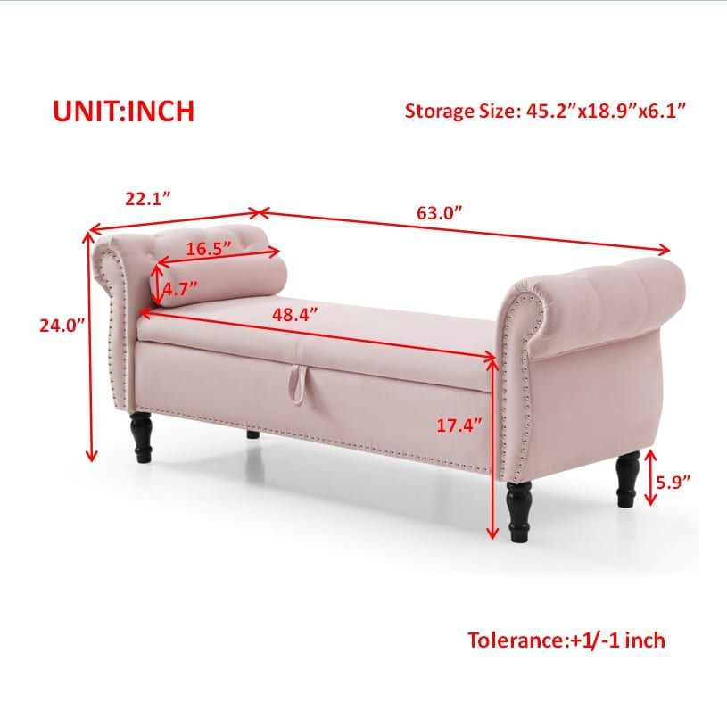 Aijia 63" Velvet Multifunctional Storage Rectangular Sofa Stool Buttons Tufted Nailhead Trimmed Solid Wood Legs With 1 Pillow,Pink_maomaolike.com