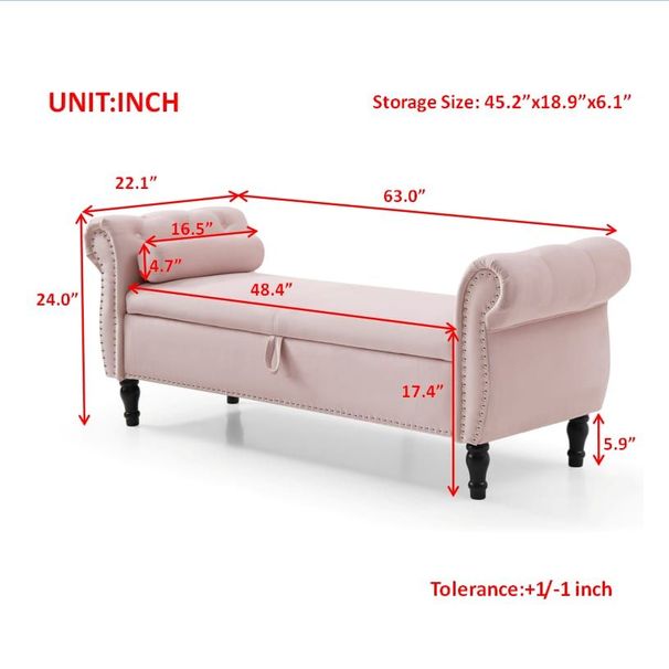 Aijia 63" Velvet Multifunctional Storage Rectangular Sofa Stool Buttons Tufted Nailhead Trimmed Solid Wood Legs With 1 Pillow,Pink_maomaolike.com