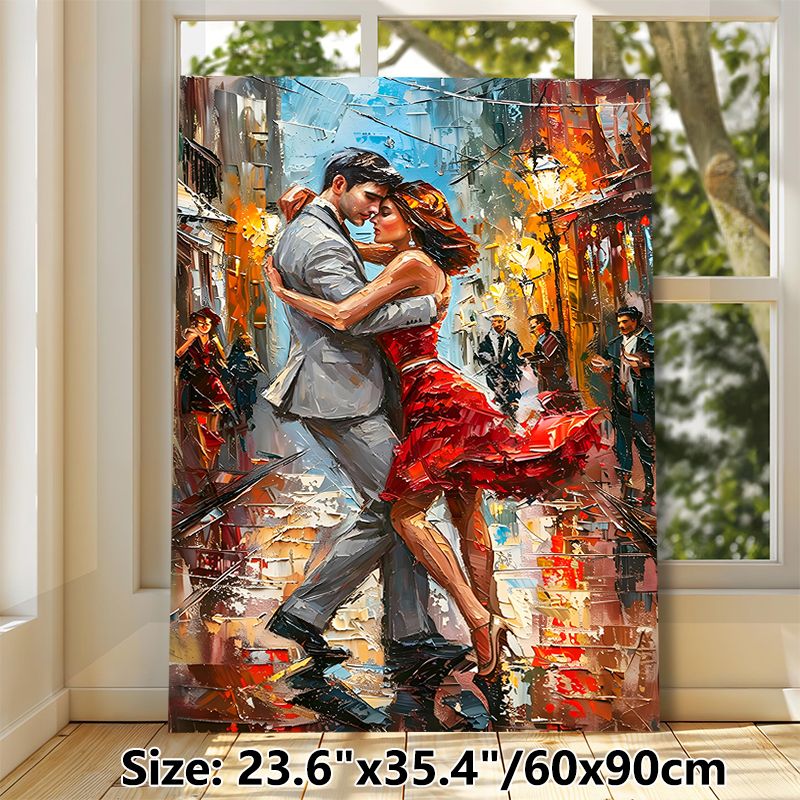 Tango Dancing Themed Painting Poster, Vibrant Impasto-style Couple Dancing In Bustling City Street Poster, Romantic Artistic Decor Option For Living_maomaolike.com