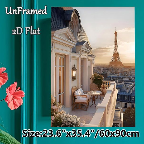 Paris Balcony & Eiffel Tower Painting Poster, Warm-toned Elegant Sunset Cityscape Poster, Adds Romantic Cozy Ambiance, Ideal For Living Room, Bedroom_maomaolike.com