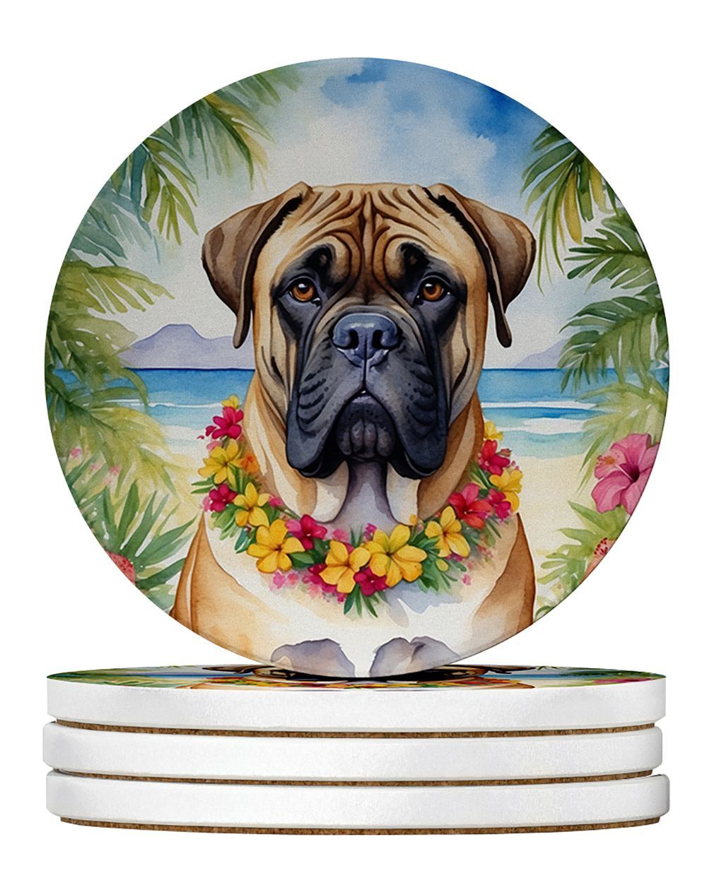 Bullmastiff Luau Large Sandstone Coasters Pack Of 4 Absorbent Round Coasters Decor Gifts For Men Or Women, 4 In, Multicolor_maomaolike.com