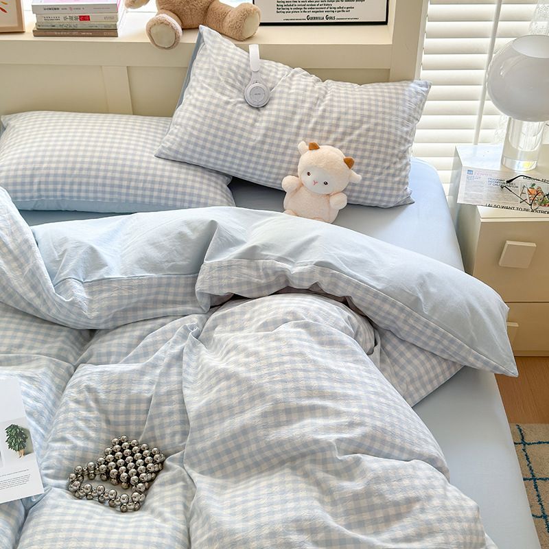 Small Grid Brushed Washed Cotton Bedding Four-Piece Set With Fitted Bed Sheet, Three-Piece Set, Dormitory Duvet Cover, Factory Who_maomaolike.com