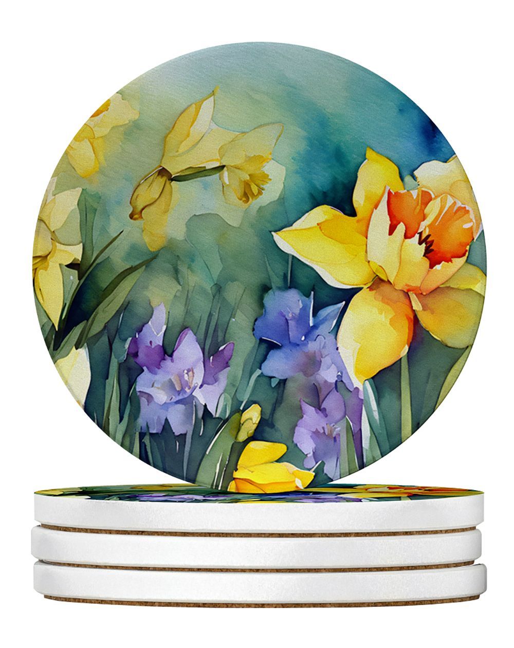 Daffodils In Watercolor Large Sandstone Coasters Pack Of 4 Absorbent Round Coasters Decor Gifts For Men Or Women, 4 In, Multicolor_maomaolike.com