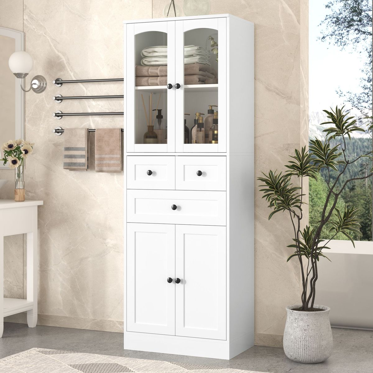 Tall Bathroom Storage Cabinet, Cabinet With Four Doors And Drawers, Adjustable Shelf, MDF Board_maomaolike.com