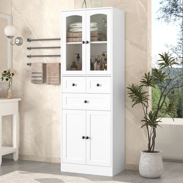 Tall Bathroom Storage Cabinet, Cabinet With Four Doors And Drawers, Adjustable Shelf, MDF Board_maomaolike.com