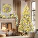 6FT Snow Flocked Christmas Tree, Pre-Lit Set With Tree & Garland & Wreath, Artificial Hinged Xmas Tree With Colorful LED Lights, 8 Lighting Modes, Pine Cones, Holiday Décor For Home_maomaolike.com