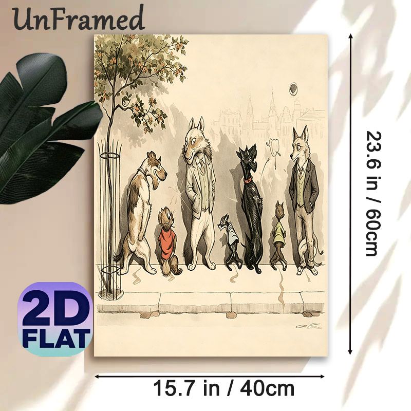 Anthropomorphic Pets Painting Poster, Vintage Whimsical Dressed Dogs & Cats On City Sidewalk Poster, Charming Artistic Decor Suitable For Living Room_maomaolike.com