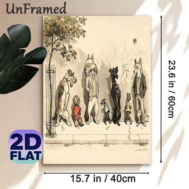 Anthropomorphic Pets Painting Poster, Vintage Whimsical Dressed Dogs & Cats On City Sidewalk Poster, Charming Artistic Decor Suitable For Living Room_maomaolike.com
