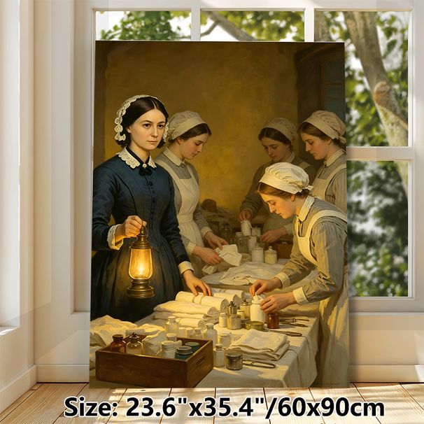 Vintage Nursing Scene Painting Poster, Warm-toned Realistic Historical Poster, Graceful Depiction Of Nurses Arranging Medical Supplies Suitable For_maomaolike.com