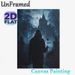 Gothic Hooded Figure With Rose Painting Poster, Mysterious Dark-toned Poster, Hooded Figure Holding Red Rose Before Moonlit Spooky Castle, Eerie_maomaolike.com