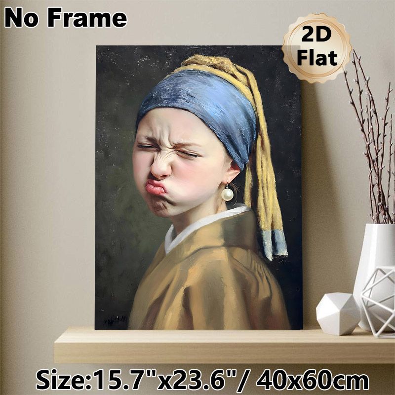 Parodied Girl With A Pearl Earring Painting Poster, Whimsical Oil-style Poster, Playful Distorted Facial Expression With Unique Artistic Twist, Ideal_maomaolike.com