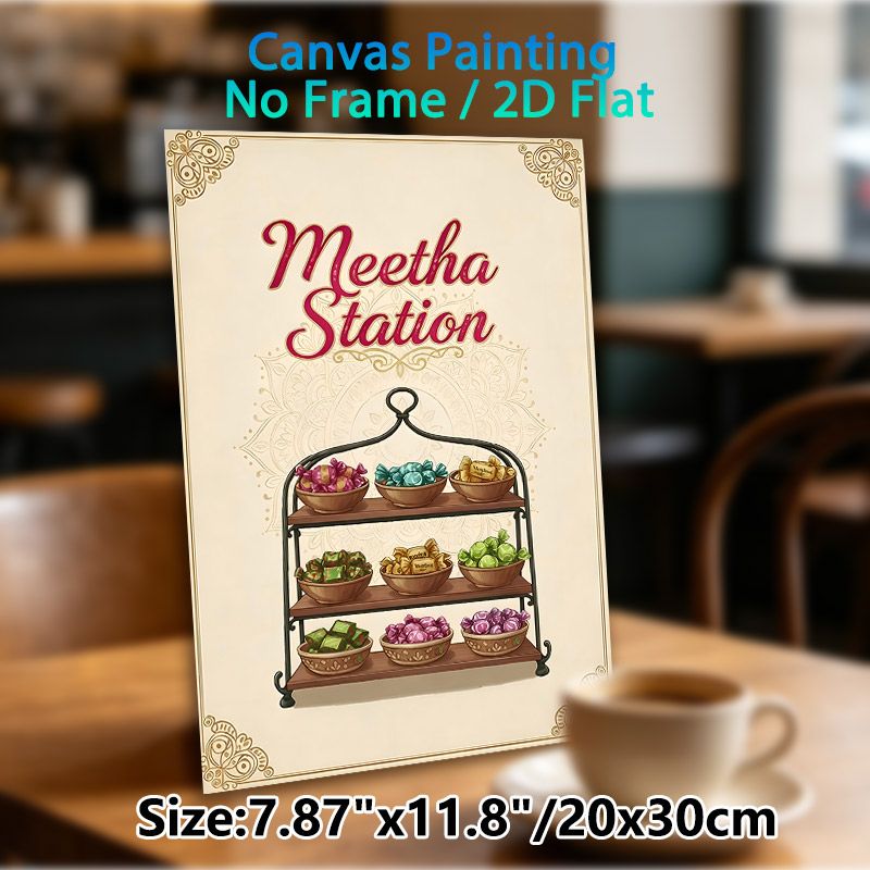 Meetha Station Painting Poster, Vintage-style Ornate Framed Colorful Indian Sweet Display Poster, Brings Warm Festive Vibe, Ideal For Restaurant_maomaolike.com
