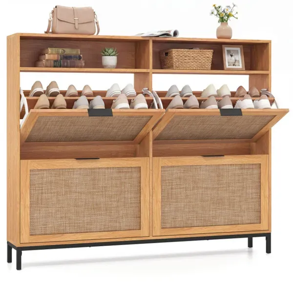 Boho Style Shoe Cabinet Cabinet With 4 Flip Drawers & Open Shelves, Freestanding Shoe Organizer For Entryway_maomaolike.com