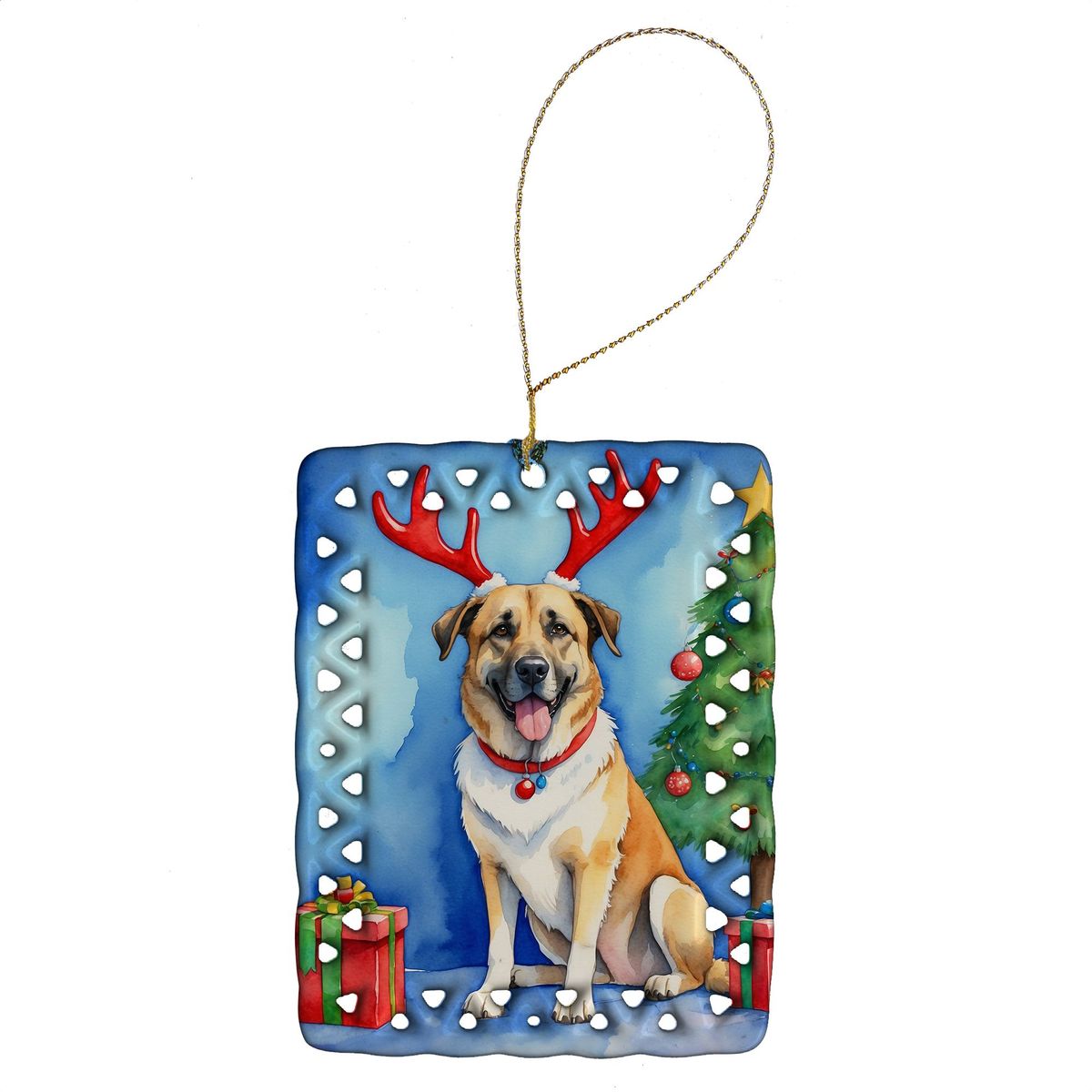 Anatolian Shepherd Dog Christmas Reindeer Porcelain Ornament Christmas Tree Hanging Decorations For Home Christmas Holiday, Rectangle, Gift, Multicolor_maomaolike.com