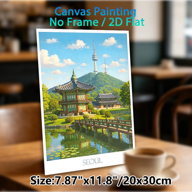 Seoul Traditional Scenery Landscape Painting Poster, Vibrant Oil-style Scenic Poster, Captivating View Of Classic Pavilions, Lake And Seoul Tower_maomaolike.com