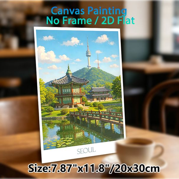 Seoul Traditional Scenery Landscape Painting Poster, Vibrant Oil-style Scenic Poster, Captivating View Of Classic Pavilions, Lake And Seoul Tower_maomaolike.com