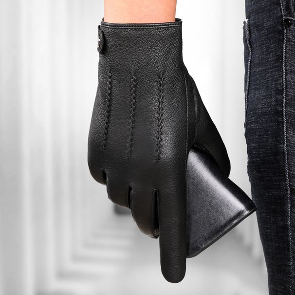 Leather gloves for men autumn and winter warm and thick velvet driving and riding simple business handsome tide_maomaolike.com