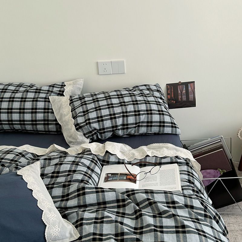Wholesale INS American Retro Plaid Nordic Simple Pure Washed Four-Piece Full Cotton Yarn-Dyed 4-Piece Set_maomaolike.com