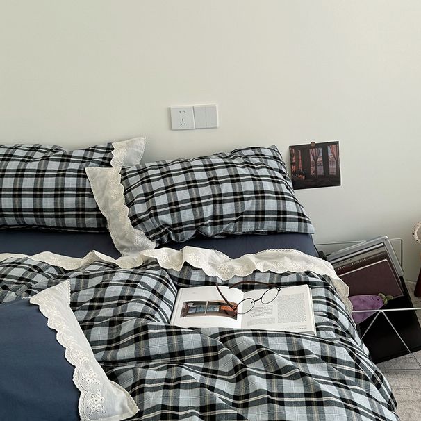 Wholesale INS American Retro Plaid Nordic Simple Pure Washed Four-Piece Full Cotton Yarn-Dyed 4-Piece Set_maomaolike.com
