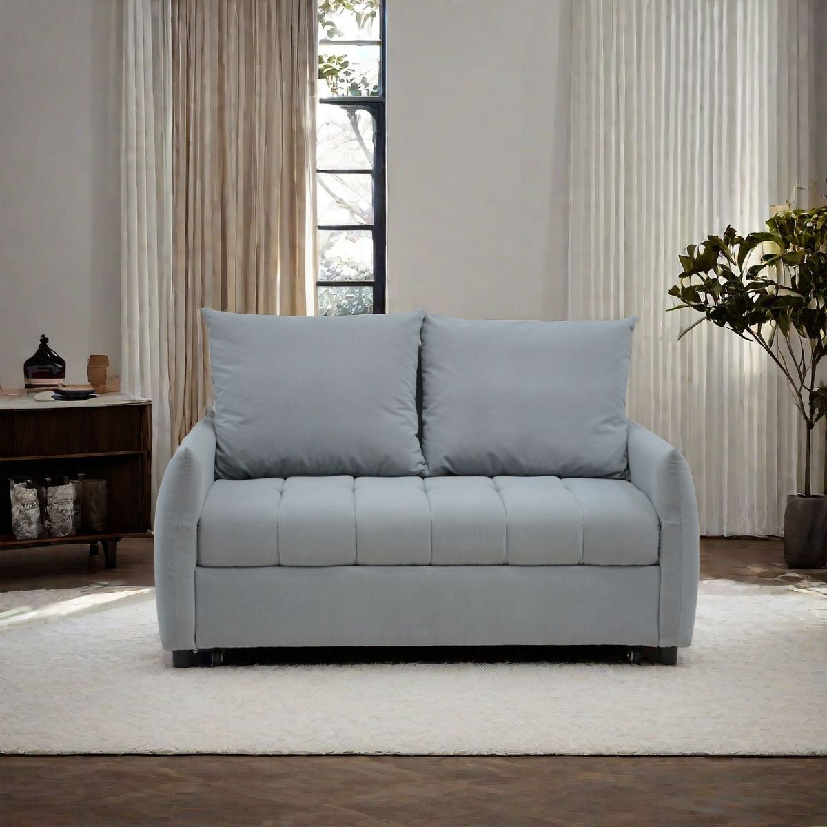 57.48" Big Size Sofa Bed Line Fabric Futon Couch With Adjustable Backrest, Modern Loveseat Sofa Sleeper For Living Room_maomaolike.com