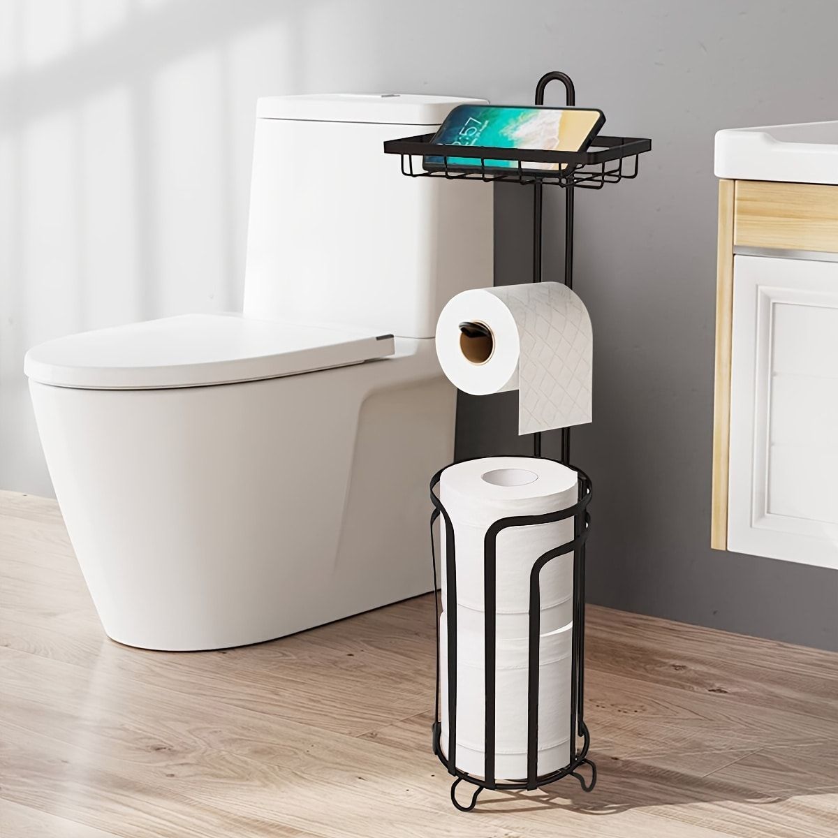 Toilet Paper Holder Stand Tissue Paper Roll Dispenser With Shelf For Bathroom Storage Holds Reserve -Black_maomaolike.com