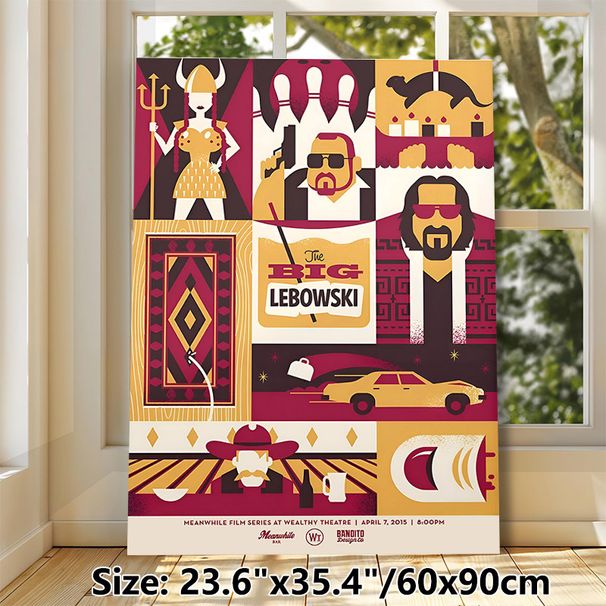 The Big Lebowski Movie Painting Poster, Stylized Retro Collage Poster, Vibrant Burgundy-gold Cinematic Character & Scene Art, Ideal For Home Theater_maomaolike.com