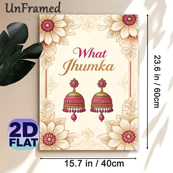 Indian Jhumka Earrings Painting Poster, Vintage Ornate Ethnic Style Poster, Elegant Pink & Gold Jhumka Design With Delicate Floral Border, Cultural_maomaolike.com