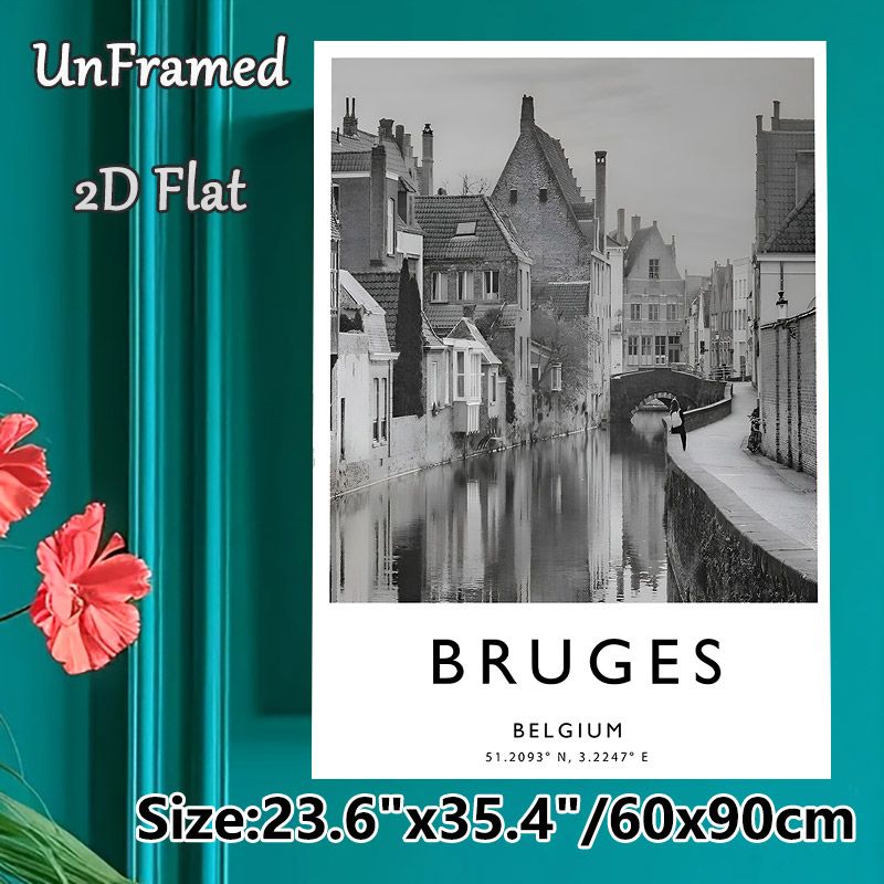 Bruges Belgium Canal Painting Poster, Monochrome Vintage European Waterscape Poster, Tranquil Riverside Town Decor Ideal For Living Room, Bedroom And_maomaolike.com