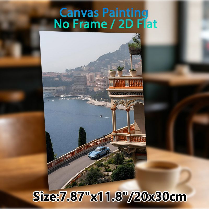 Coastal City & Vintage Car Painting Poster, Serene Scenic Bay & Ornate Architecture Poster, Elegant Coastal Urban Landscape Adds Tranquil Vibe, Ideal_maomaolike.com