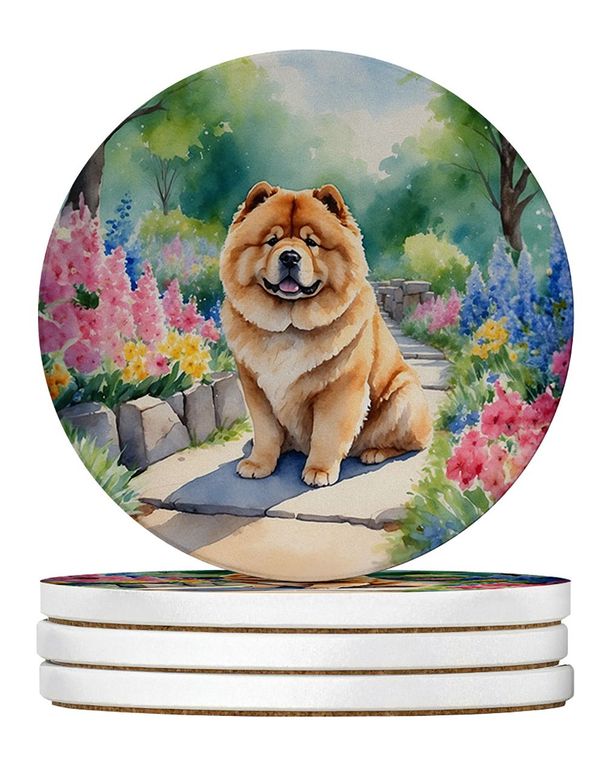 Chow Chow Spring Path Large Sandstone Coasters Pack Of 4 Absorbent Round Coasters Decor Gifts For Men Or Women, 4 In, Multicolor_maomaolike.com