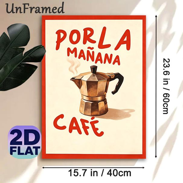 Coffee Themed Painting Poster, Vintage Retro Style Poster With Moka Pot & Spanish Coffee Slogan, Warm Decorative Piece Ideal For Kitchen, Café And_maomaolike.com