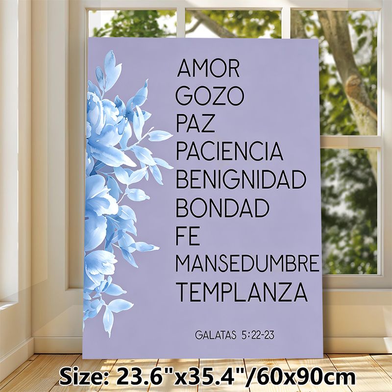 Spanish Galatians 5:22-23 Verse Painting Poster, Soft Watercolor Blue Floral & Lavender Tone Poster, Inspirational Religious Wall Decor Ideal For_maomaolike.com