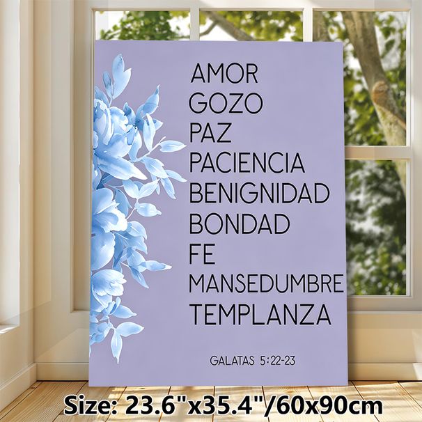 Spanish Galatians 5:22-23 Verse Painting Poster, Soft Watercolor Blue Floral & Lavender Tone Poster, Inspirational Religious Wall Decor Ideal For_maomaolike.com