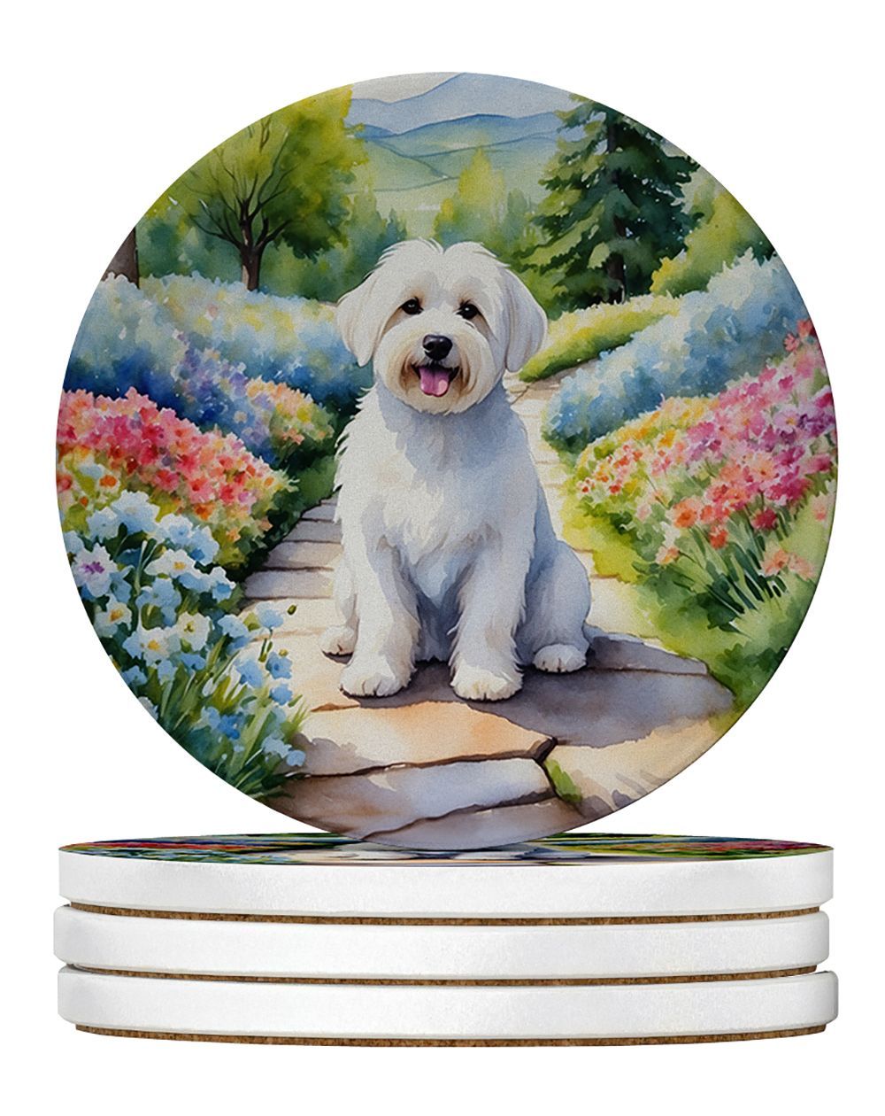 Coton De Tulear Spring Path Large Sandstone Coasters Pack Of 4 Absorbent Round Coasters Decor Gifts For Men Or Women, 4 In, Multicolor_maomaolike.com