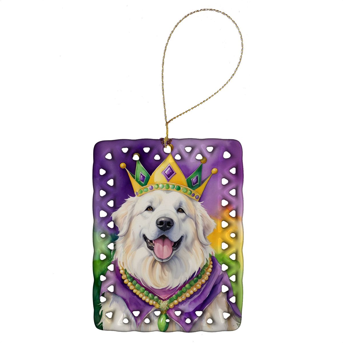 Great Pyrenees King Of Mardi Gras Porcelain Ornament Christmas Tree Hanging Decorations For Home Christmas Holiday, Rectangle, Gift, Multicolor_maomaolike.com