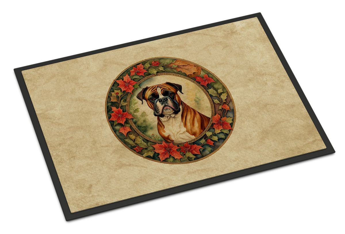 Boxer Christmas Flowers Doormat Front Door Mat Indoor Outdoor Rugs For Entryway, Non Slip Washable Low Pile, 24H X 36W_maomaolike.com