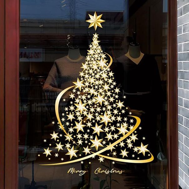Golden Christmas Tree Window Clings Stickers For Glass, Large DIY Static Wall Window Door Mural Showcase Decal Sticker_maomaolike.com