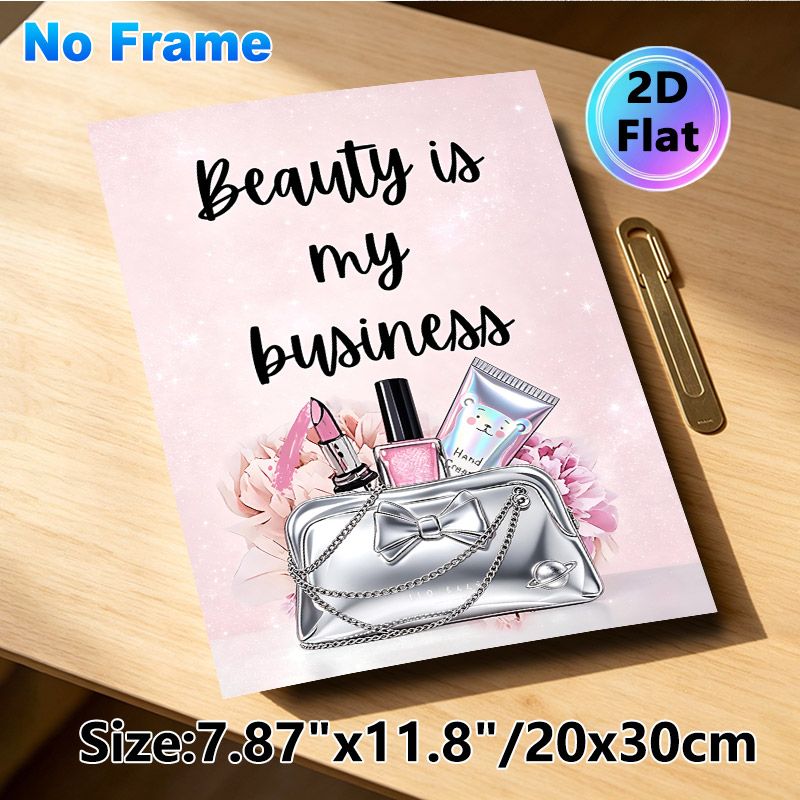 Beauty & Makeup Themed Painting Poster, Sparkly Pink Glamorous Cosmetic & Handbag Scene Poster, Motivational Quote Design Ideal For Beauty Salon_maomaolike.com