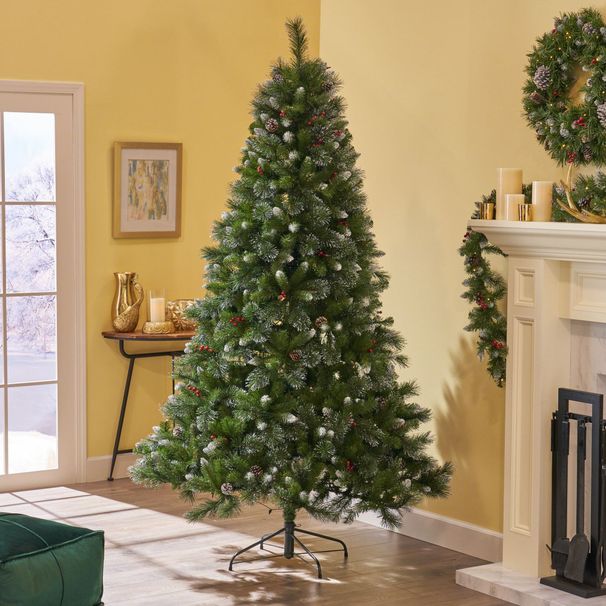9 Ft Glitter Bristle Mixed Hinged Tree With 72 Red Berry And 73 Pine Cones And 2099 Branch Tips_maomaolike.com