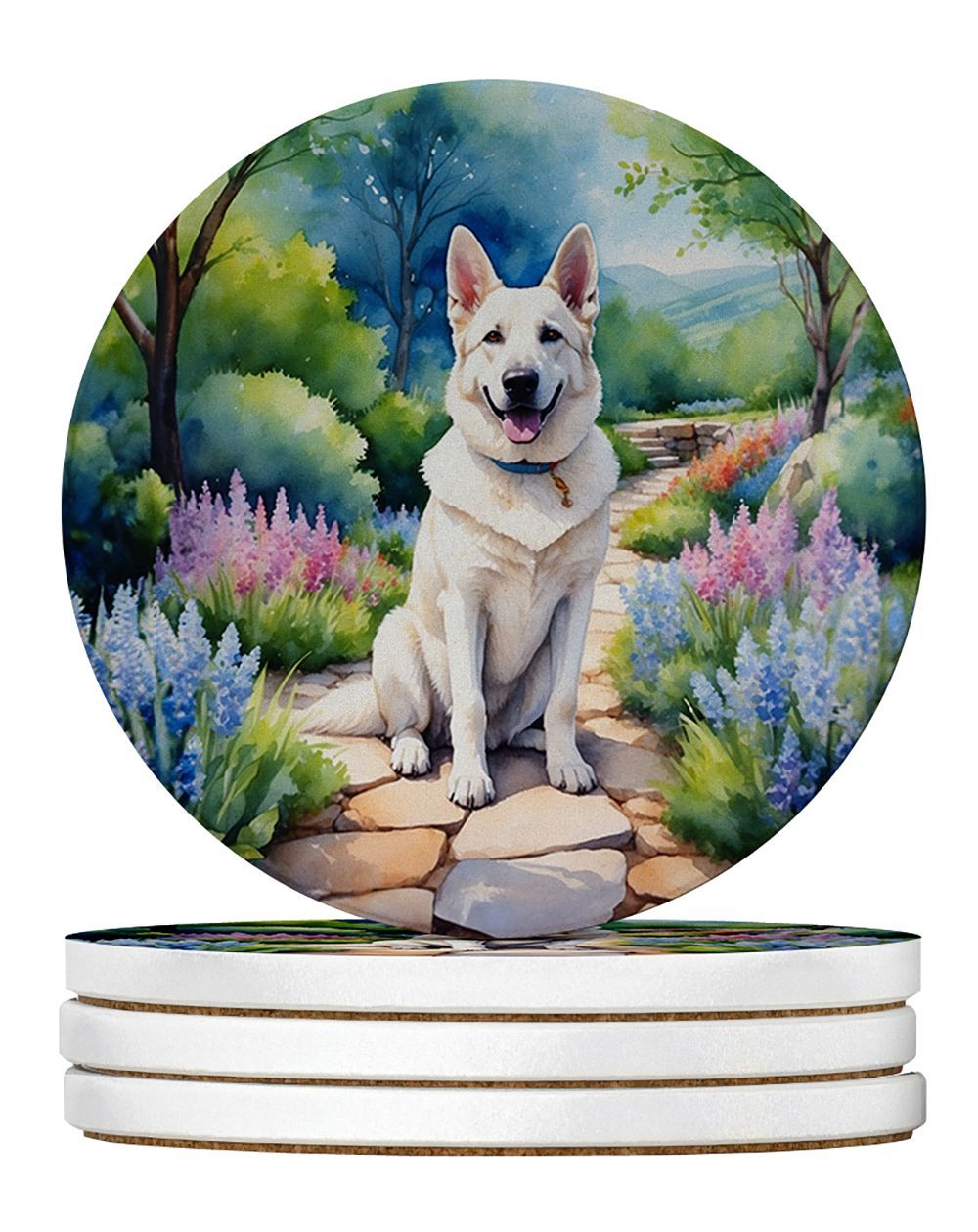 German Shepherd Spring Path Large Sandstone Coasters Pack Of 4 Absorbent Round Coasters Decor Gifts For Men Or Women, 4 In, Multicolor_maomaolike.com